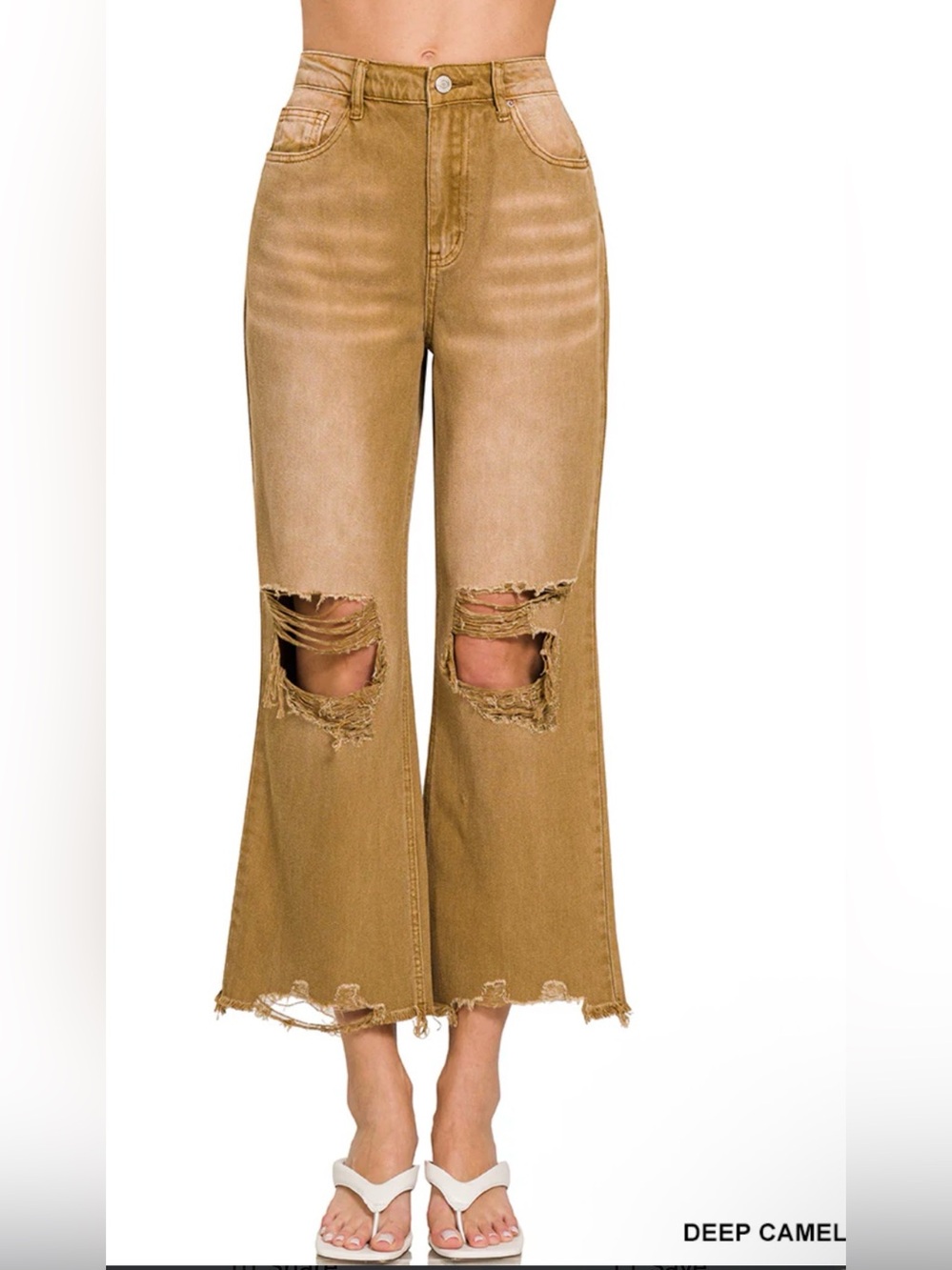 Zenana High-Waist Distressed Flare Jeans in Deep Camel